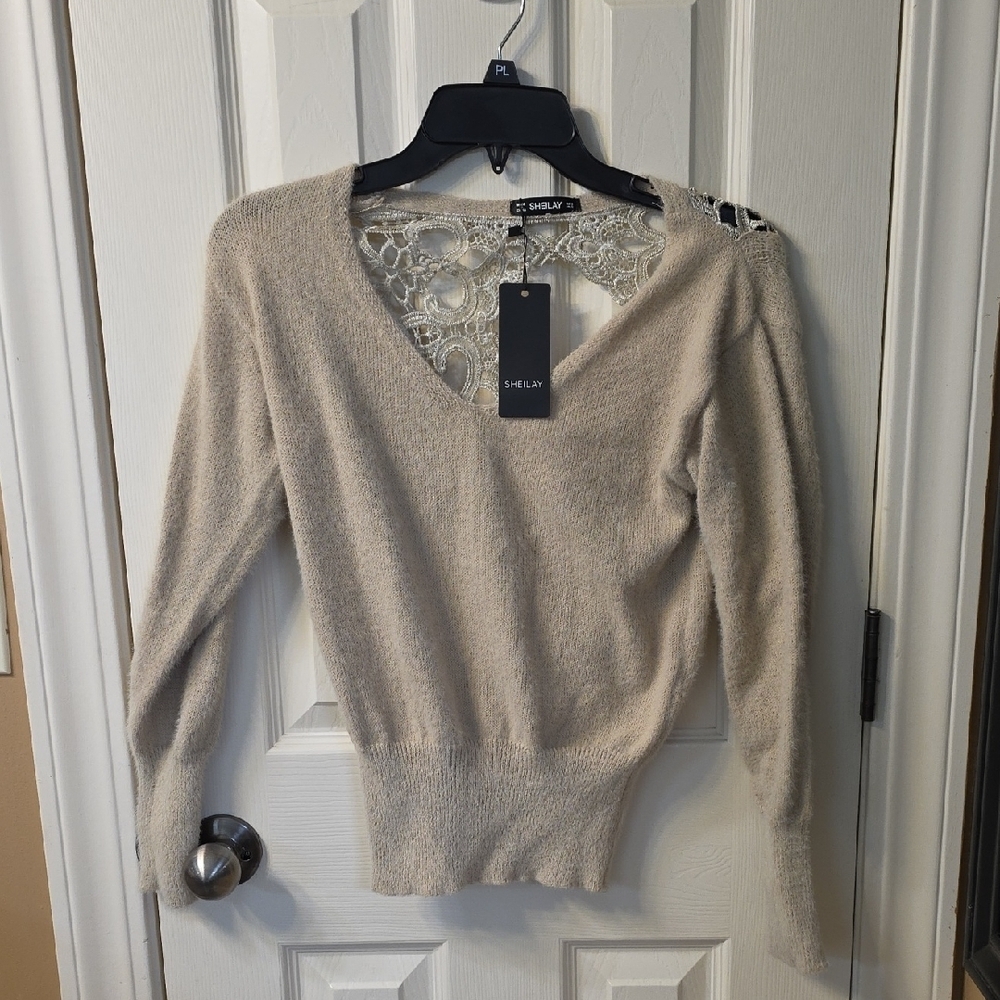 Sheilay Beige V-Neck Sweater with Lace Accent